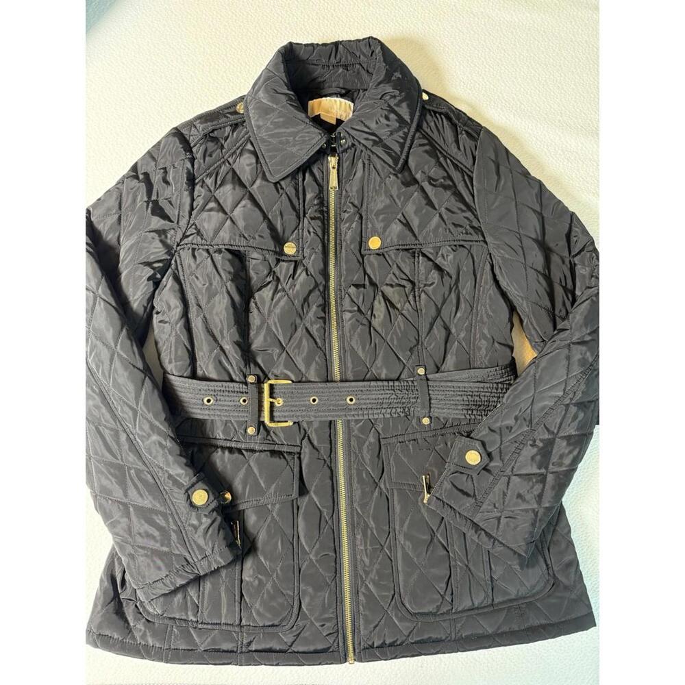 Michael Kors Women's Black Quilted Belted Moto Jacket Gold Zip Size L